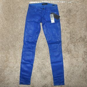 Guess Power Skinny wax coated low-rise bright blue shiny skinny pants sz 24, NWT